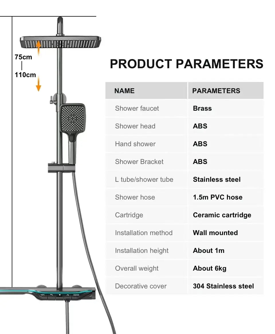 Grey Wall - Mount LED Digital Display Waterfall Bathroom Shower - bathroom, showers, thermostaticBathroomLux