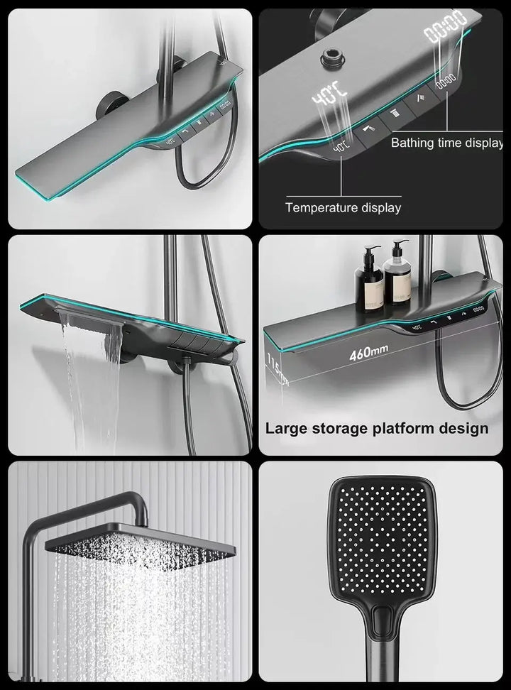 Grey Wall - Mount LED Digital Display Waterfall Bathroom Shower - bathroom, showers, thermostaticBathroomLux