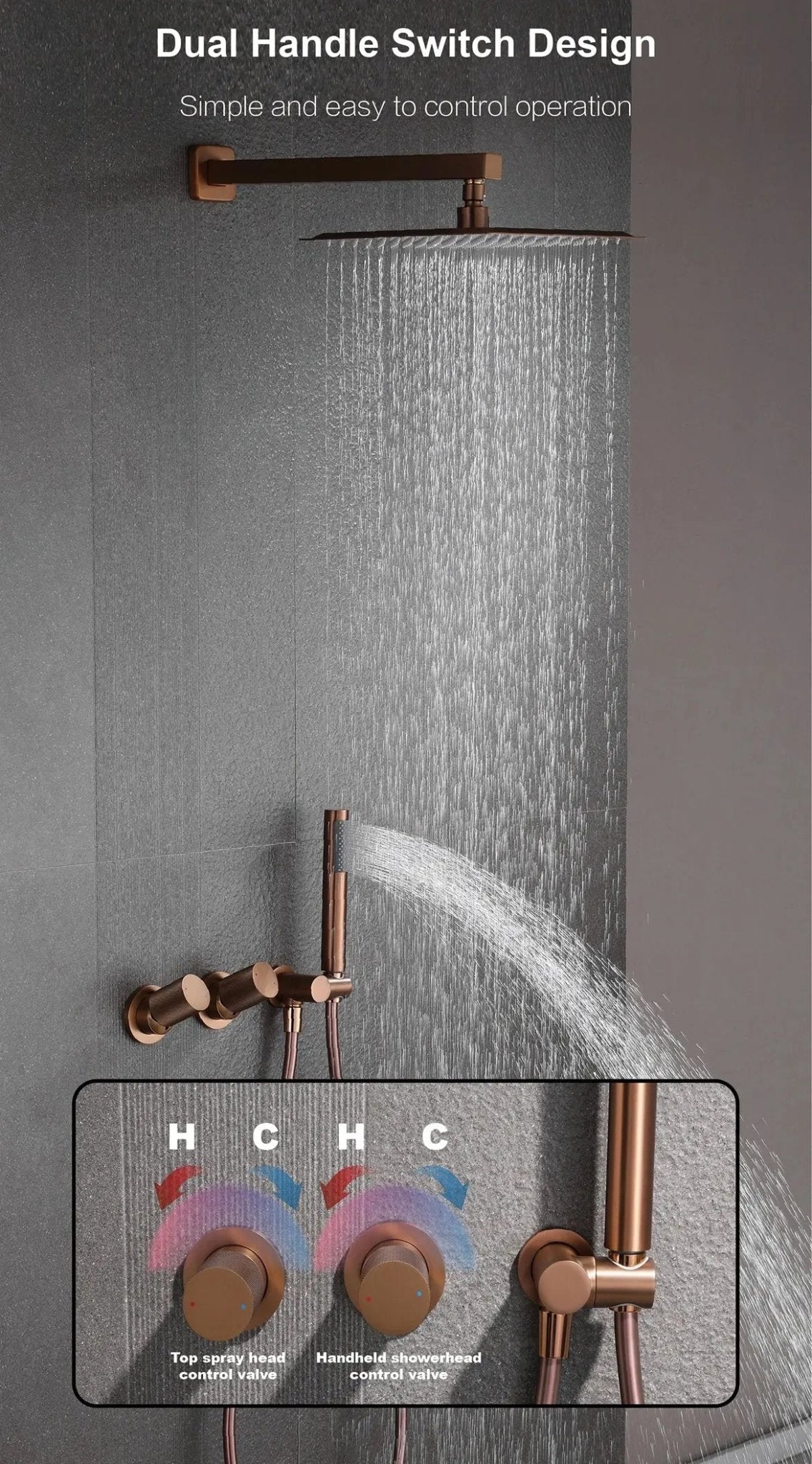 Gun Grey Wall Mounted Shower System – Brass 2 - Function Bath Mixer - 2 ways wall mounted shower kitBathroomLux