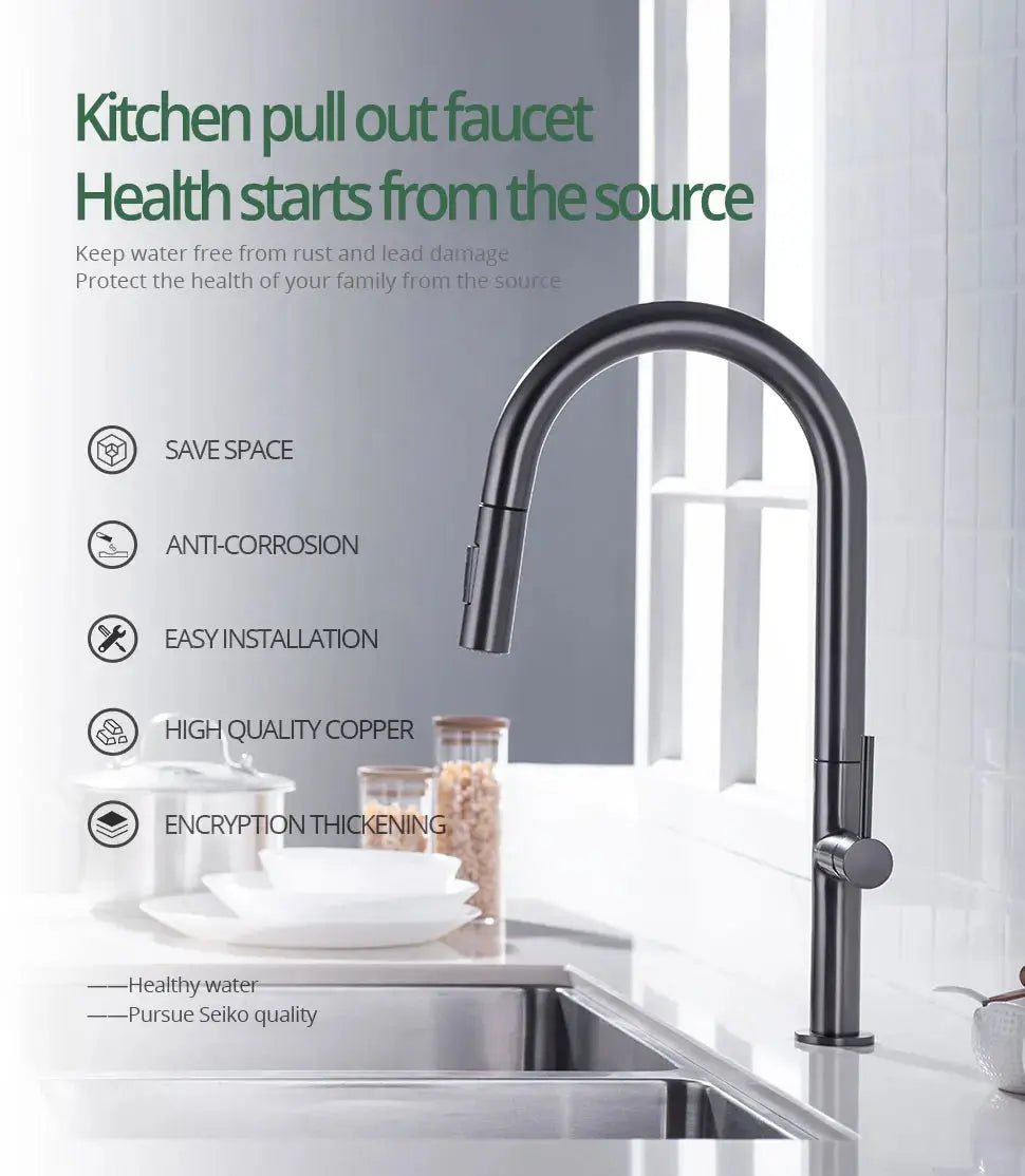 Gunmetal Pull - Out Spout Kitchen Faucet – 360° Rotating Single - Handle - Kitchen Faucet Pull - OutBathroomLux