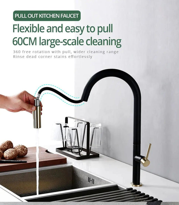 Gunmetal Pull - Out Spout Kitchen Faucet – 360° Rotating Single - Handle - Kitchen Faucet Pull - OutBathroomLux