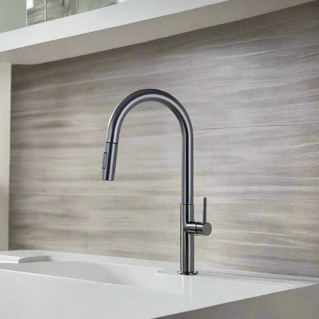 Gunmetal Pull - Out Spout Kitchen Faucet – 360° Rotating Single - Handle - Kitchen Faucet Pull - OutBathroomLux