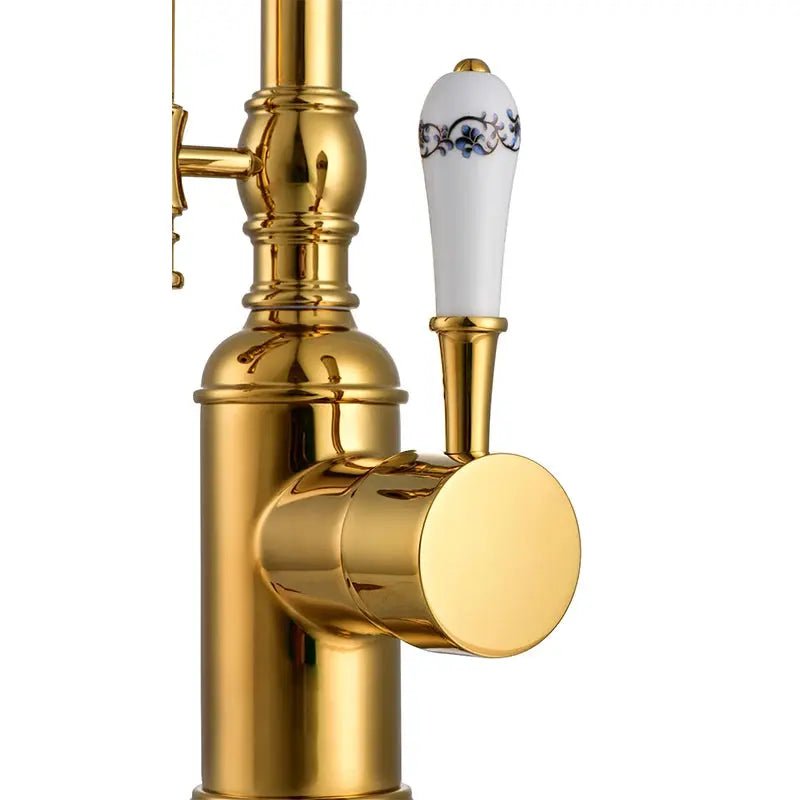 High - Arc Dual - Mode Pull - Down Kitchen Faucet – Solid Brass with Porcelain Handle - Kitchen faucet filterBathroomLux