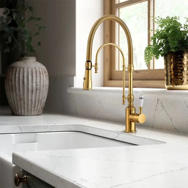 High - Arc Dual - Mode Pull - Down Kitchen Faucet – Solid Brass with Porcelain Handle - Kitchen faucet filterBathroomLux
