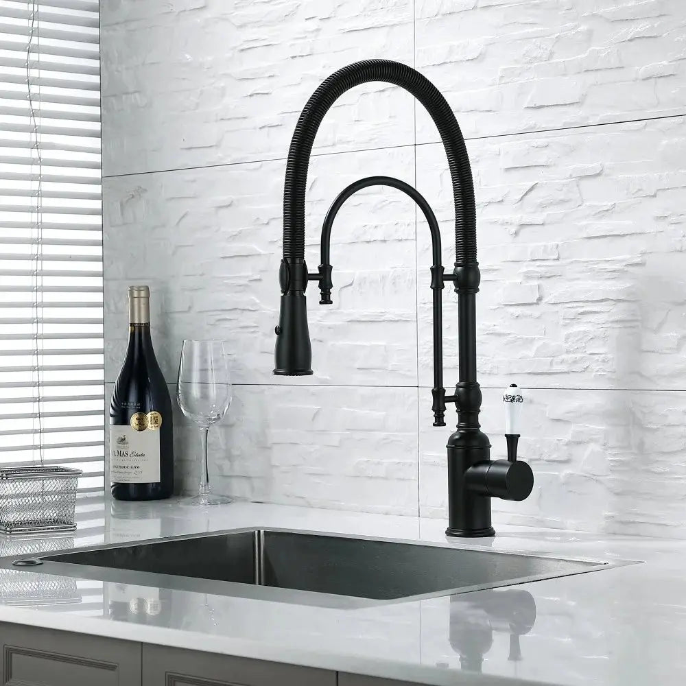 High - Arc Dual - Mode Pull - Down Kitchen Faucet – Solid Brass with Porcelain Handle - Kitchen faucet filterBathroomLux