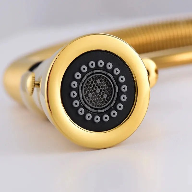 High - Arc Dual - Mode Pull - Down Kitchen Faucet – Solid Brass with Porcelain Handle - Kitchen faucet filterBathroomLux