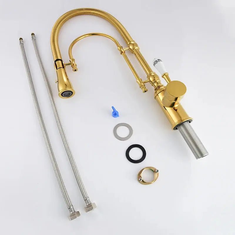 High - Arc Dual - Mode Pull - Down Kitchen Faucet – Solid Brass with Porcelain Handle - Kitchen faucet filterBathroomLux
