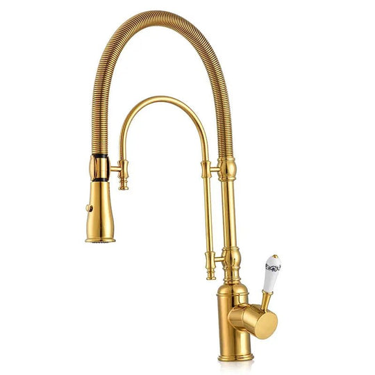 High - Arc Dual - Mode Pull - Down Kitchen Faucet – Solid Brass with Porcelain Handle - Kitchen faucet filterBathroomLux