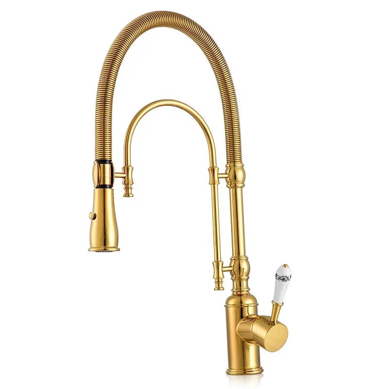High - Arc Dual - Mode Pull - Down Kitchen Faucet – Solid Brass with Porcelain Handle - Kitchen faucet filterBathroomLux