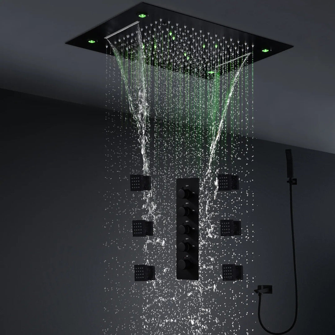 IluminateFlow 2024 led Shower Set Rainfall Waterfall Showerhead System Thermostatic - BathroomLux