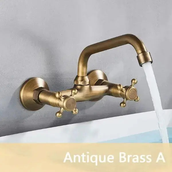 Antique Brass Wall-Mounted Basin Faucet – Dual Handles Swivel Spout BathroomLux
