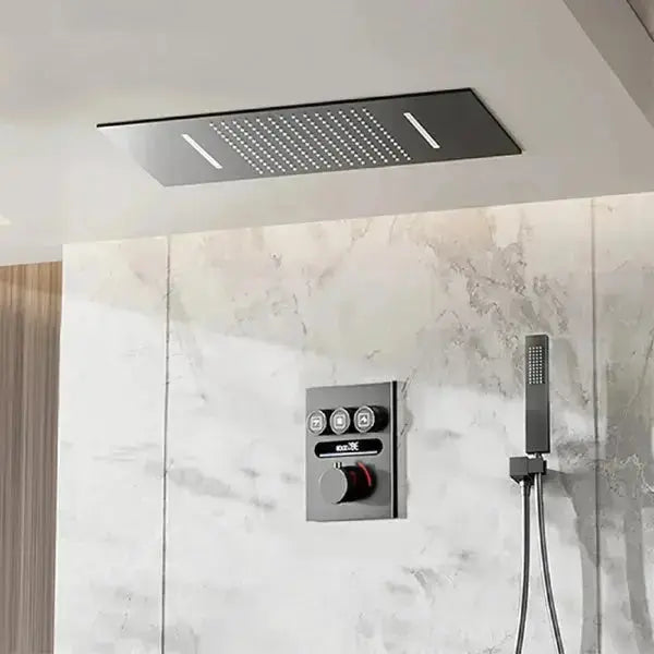 Luxury black brass thermostatic shower system Wall mounted design Hot&Cold water bathroom ceiling LED digital display faucet BathroomLux
