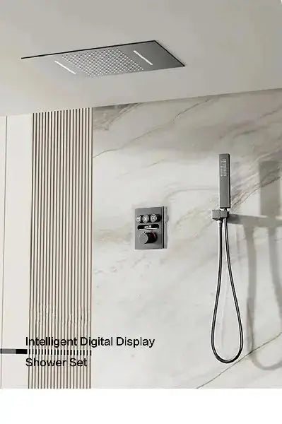 Luxury black brass thermostatic shower system Wall mounted design Hot&Cold water bathroom ceiling LED digital display faucet BathroomLux