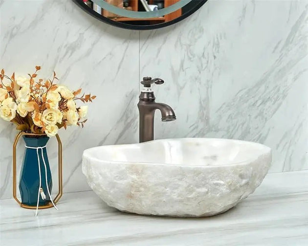 Irregular Edge White Stone Bathroom Sink Bowl – Modern Countertop Basin - Irregular EdgeBathroomLux