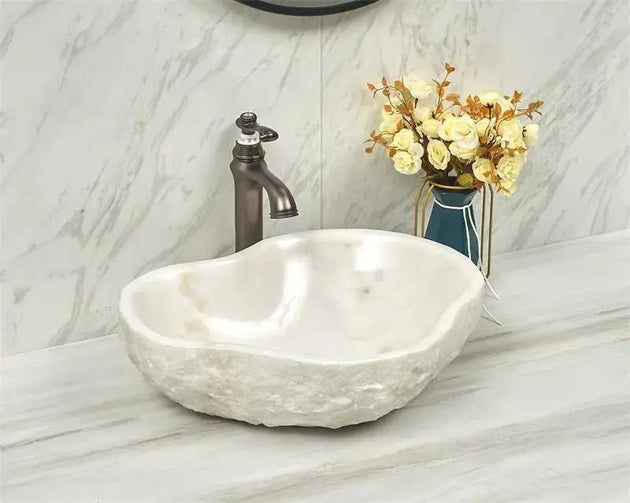 Irregular Edge White Stone Bathroom Sink Bowl – Modern Countertop Basin - Irregular EdgeBathroomLux