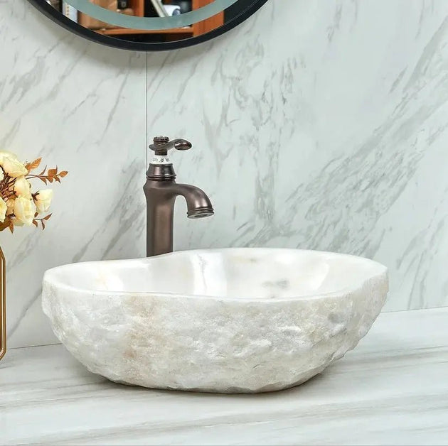 Irregular Edge White Stone Bathroom Sink Bowl – Modern Countertop Basin - Irregular EdgeBathroomLux