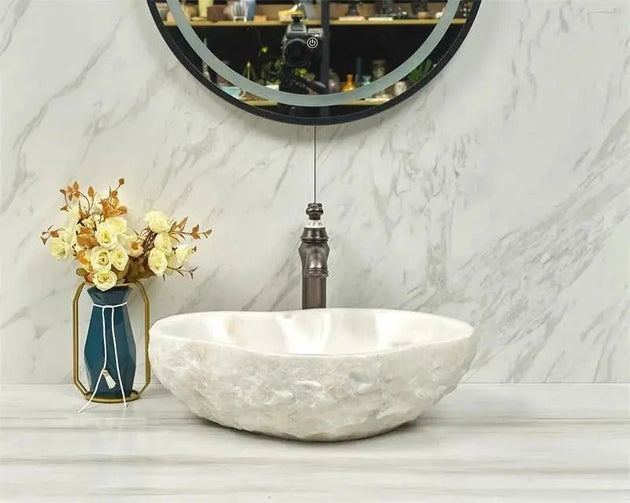 Irregular Edge White Stone Bathroom Sink Bowl – Modern Countertop Basin - Irregular EdgeBathroomLux