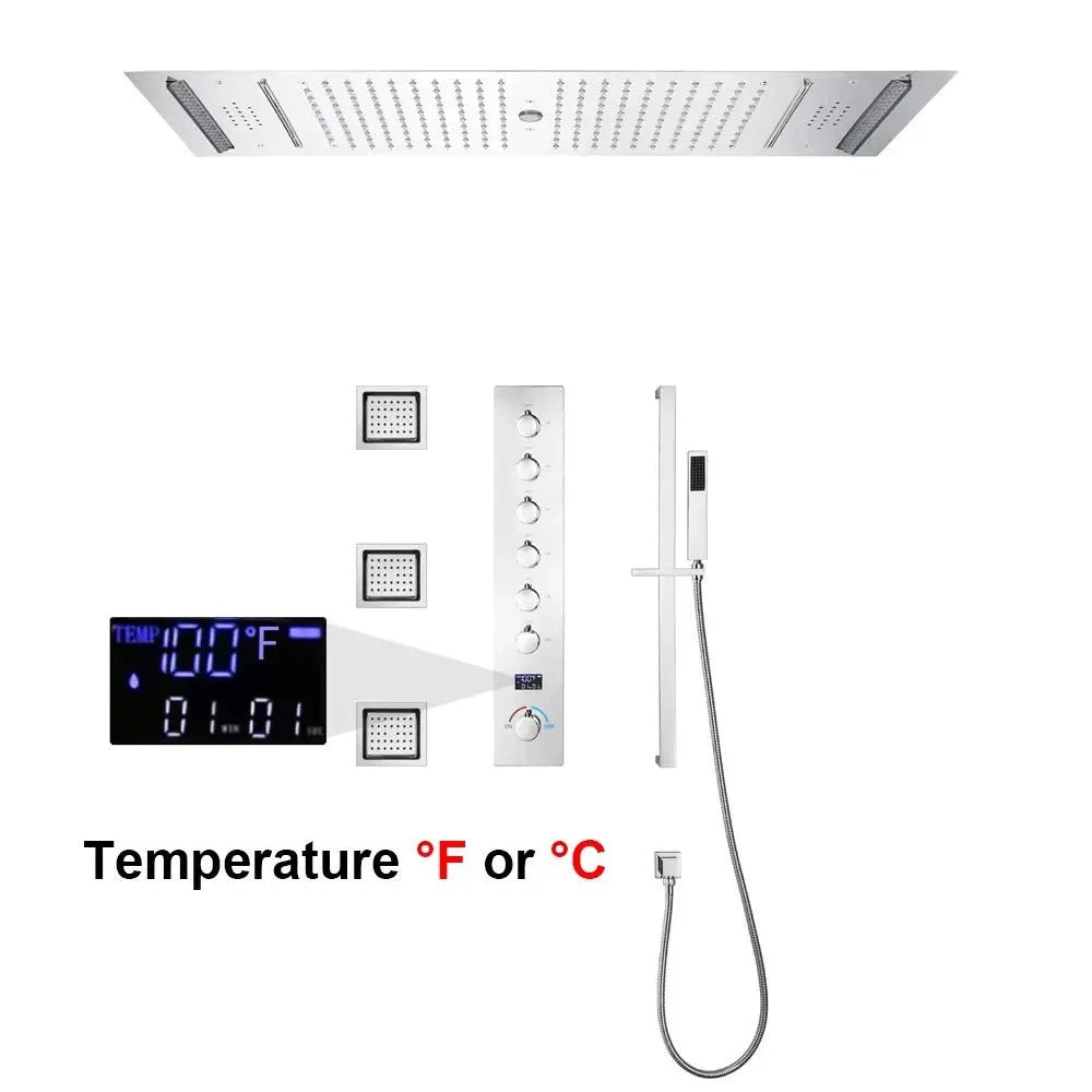 Large LED Music Ceiling Rainfall Shower Set – Thermostatic Brass - Ceiling Rainfall Shower SetBathroomLux