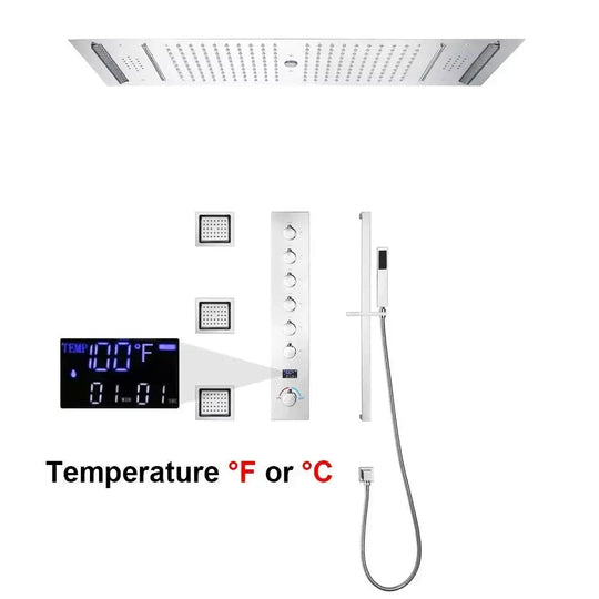 Large LED Music Ceiling Rainfall Shower Set – Thermostatic Brass - Ceiling Rainfall Shower SetBathroomLux