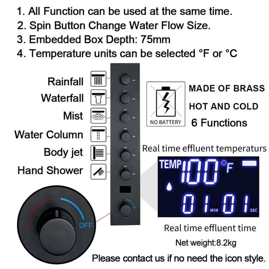 Large LED Music Ceiling Rainfall Shower Set – Thermostatic Brass - Ceiling Rainfall Shower SetBathroomLux