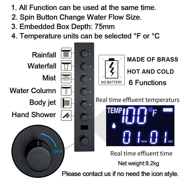 Large LED Music Ceiling Rainfall Shower Set – Thermostatic Brass - Ceiling Rainfall Shower SetBathroomLux