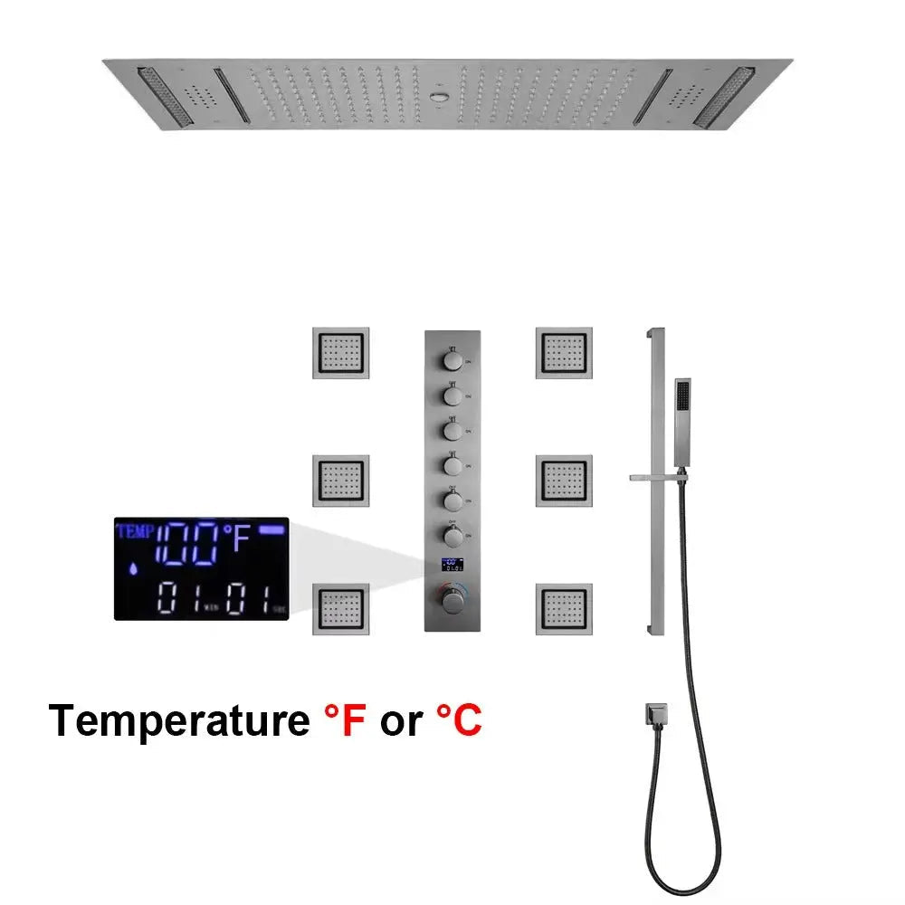Large LED Music Ceiling Rainfall Shower Set – Thermostatic Brass - Ceiling Rainfall Shower SetBathroomLux