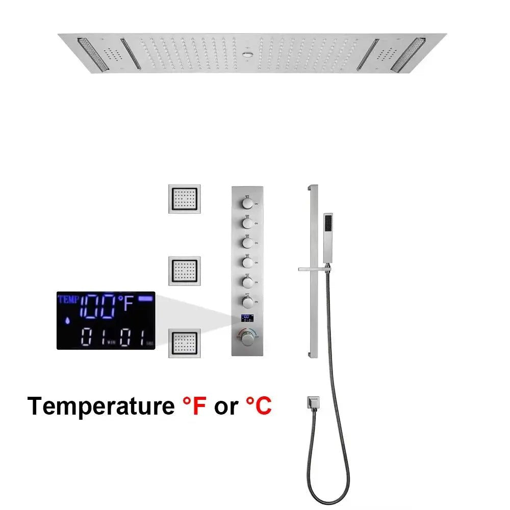 Large LED Music Ceiling Rainfall Shower Set – Thermostatic Brass - Ceiling Rainfall Shower SetBathroomLux