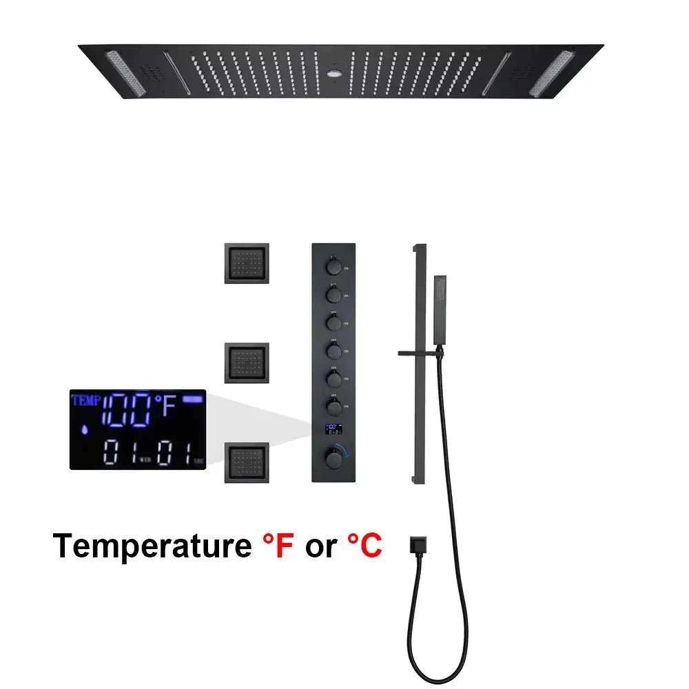 Large LED Music Ceiling Rainfall Shower Set – Thermostatic Brass - Ceiling Rainfall Shower SetBathroomLux