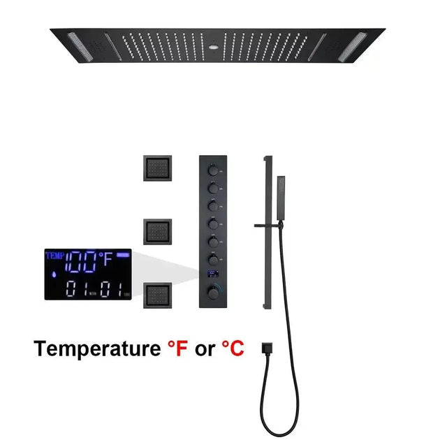 Large LED Music Ceiling Rainfall Shower Set – Thermostatic Brass - Ceiling Rainfall Shower SetBathroomLux