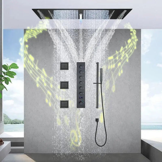 Large LED Music Ceiling Rainfall Shower Set – Thermostatic Brass - Ceiling Rainfall Shower SetBathroomLux