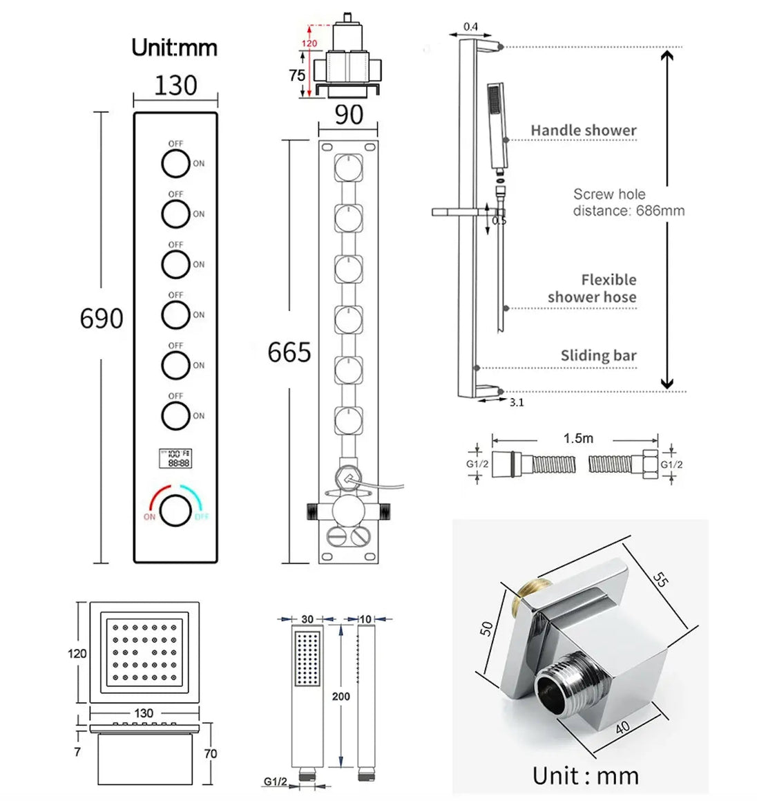 Large LED Music Ceiling Rainfall Shower Set – Thermostatic Brass - Ceiling Rainfall Shower SetBathroomLux