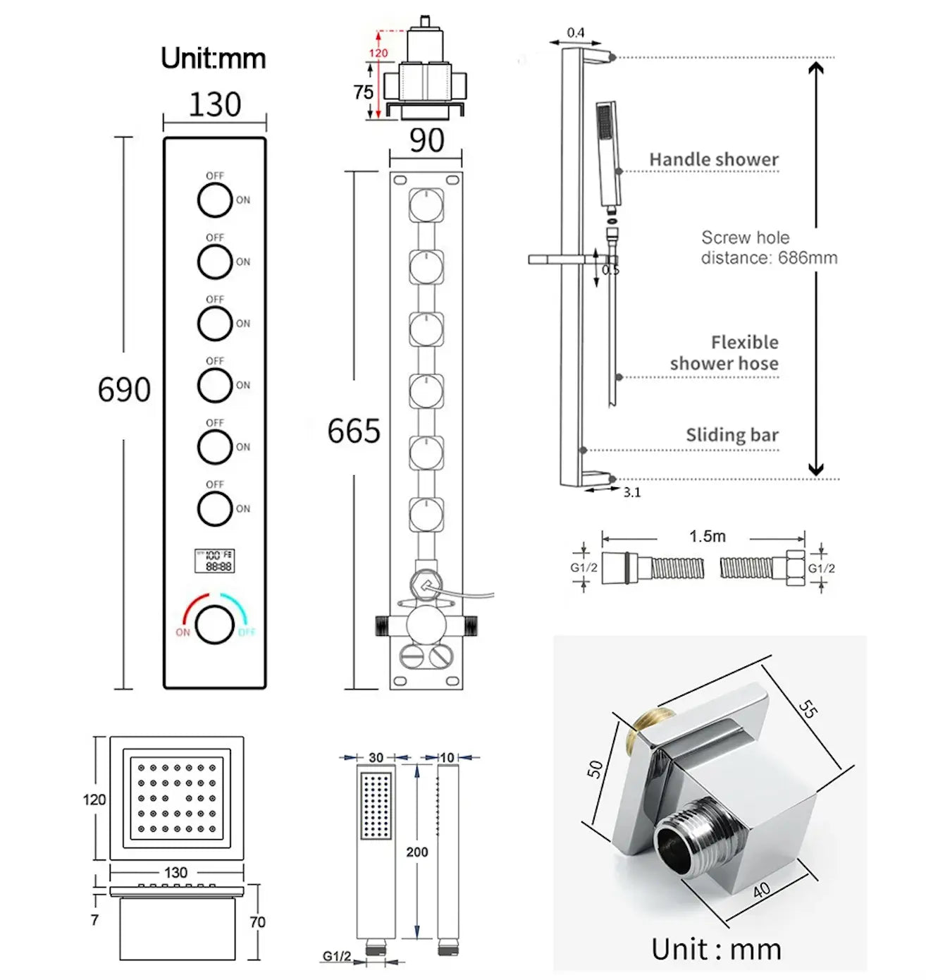 Large LED Music Ceiling Rainfall Shower Set – Thermostatic Brass - Ceiling Rainfall Shower SetBathroomLux