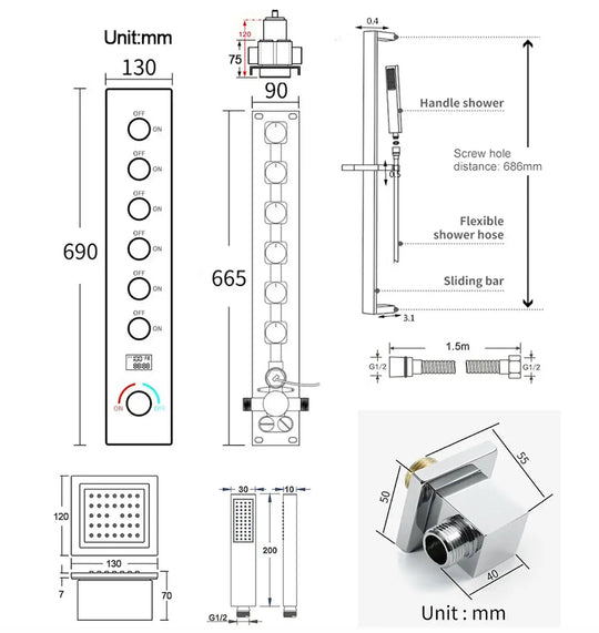 Large LED Music Ceiling Rainfall Shower Set – Thermostatic Brass - Ceiling Rainfall Shower SetBathroomLux