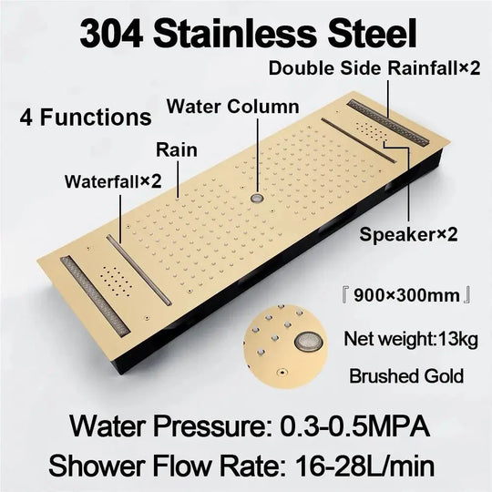 Large LED Music Ceiling Rainfall Shower Set – Thermostatic Brass - Ceiling Rainfall Shower SetBathroomLux