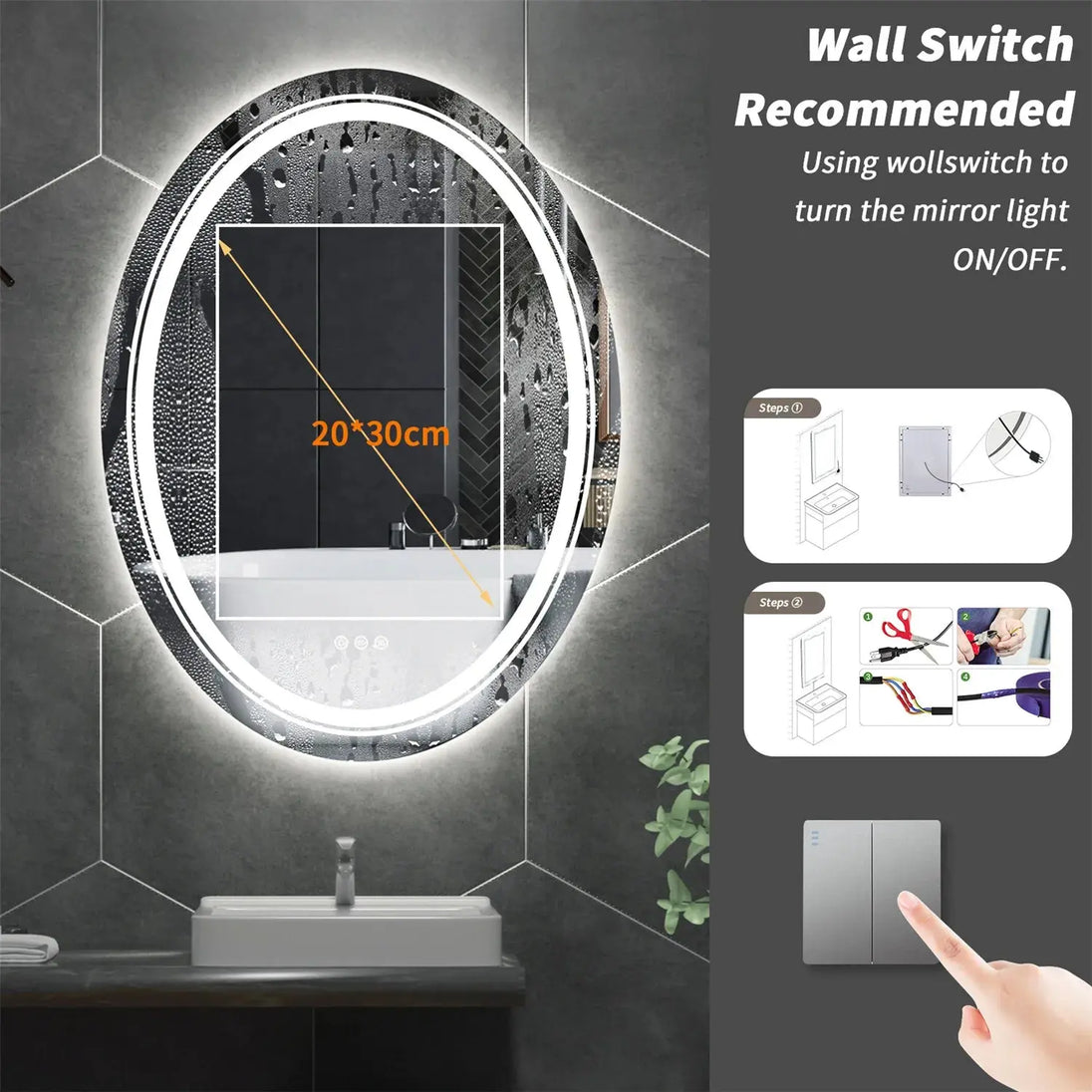Large Oval Led Bathroom Mirror Anti - Fog Backlit Dimmable Wall Mounted 3 Colors Memory With Plug - BathroomLux