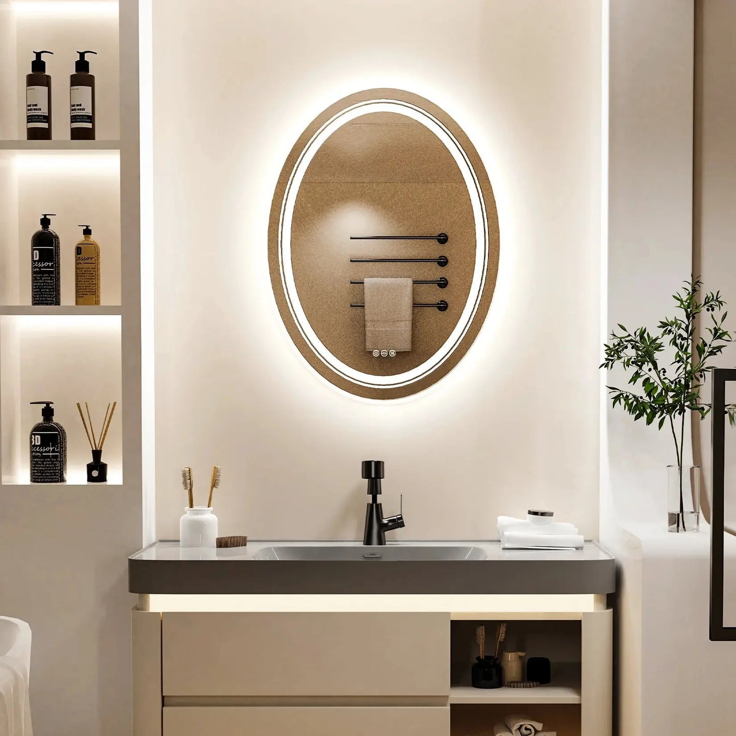 Large Oval Led Bathroom Mirror Anti - Fog Backlit Dimmable Wall Mounted 3 Colors Memory With Plug - BathroomLux