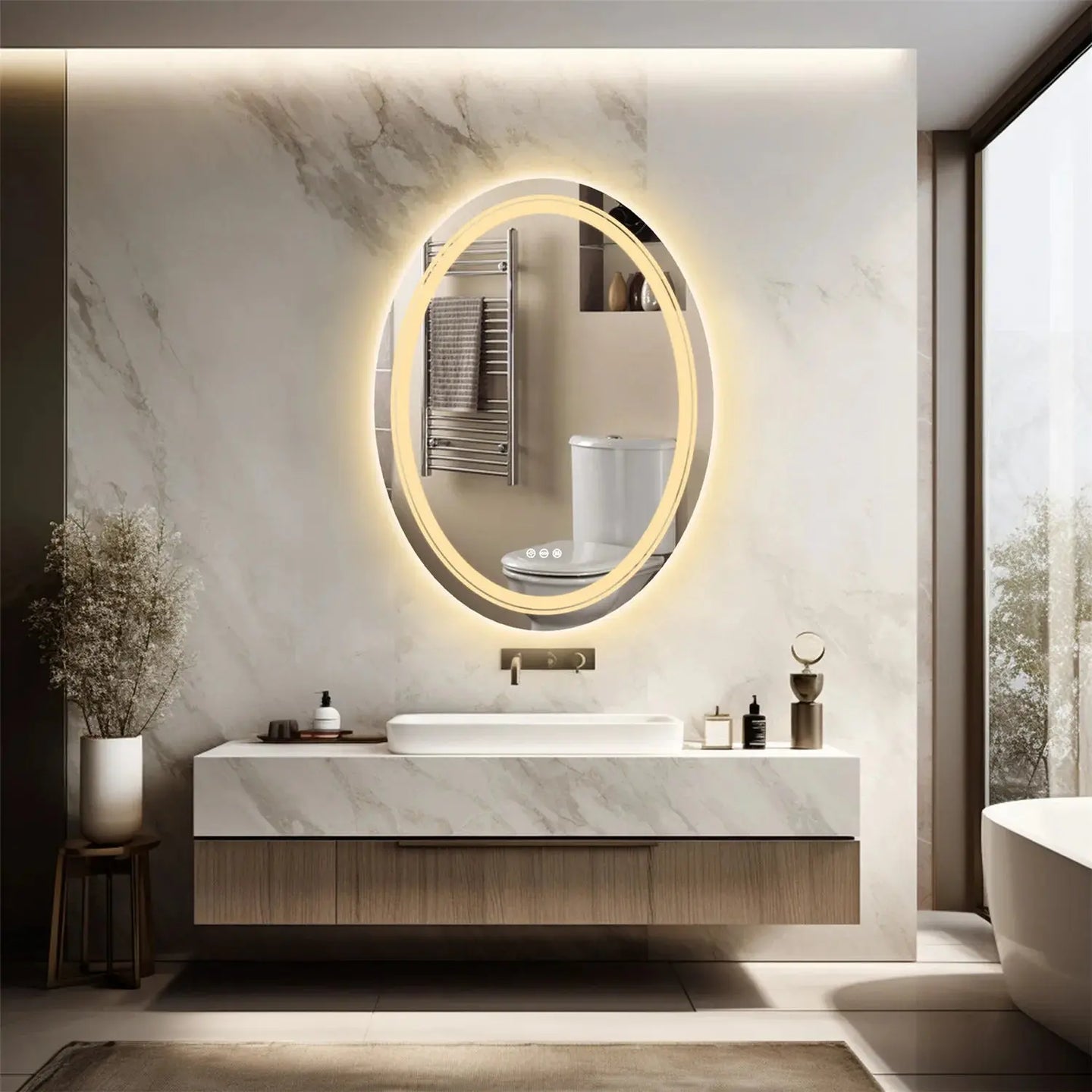 Large Oval Led Bathroom Mirror Anti - Fog Backlit Dimmable Wall Mounted 3 Colors Memory With Plug - BathroomLux