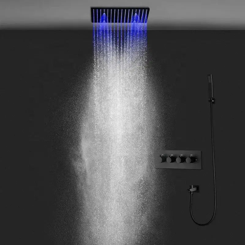 LED Thermostatic Rainfall Shower System – Black Bathroom Mixer Set - BathroomLux