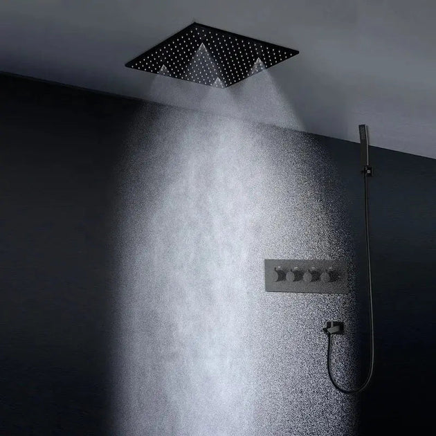 LED Thermostatic Rainfall Shower System – Black Bathroom Mixer Set - BathroomLux