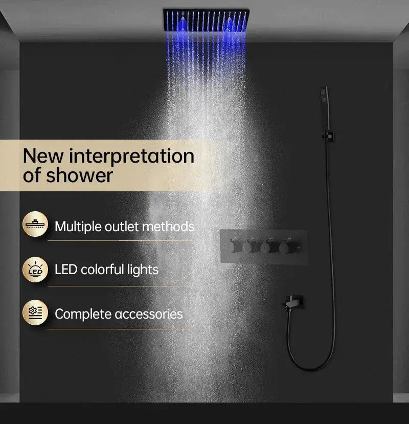 LED Thermostatic Rainfall Shower System – Black Bathroom Mixer Set - BathroomLux