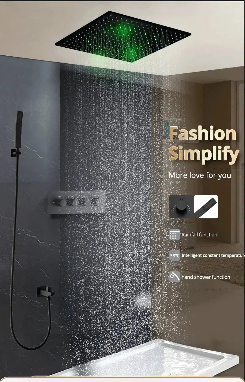 LED Thermostatic Rainfall Shower System – Black Bathroom Mixer Set - BathroomLux