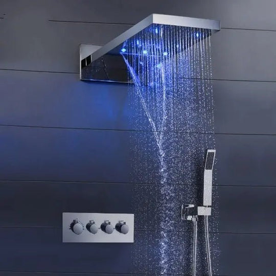 LED Thermostatic Shower System | Modern Rainfall & Waterfall Shower Set - bathroom, showers, thermostaticBathroomLux