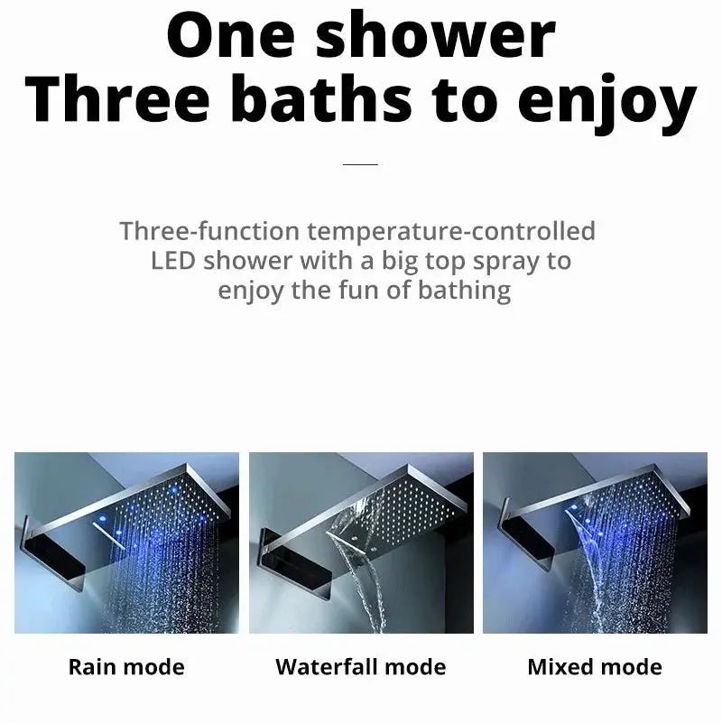 LED Thermostatic Shower System | Modern Rainfall & Waterfall Shower Set - bathroom, showers, thermostaticBathroomLux
