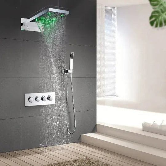 LED Thermostatic Shower System | Modern Rainfall & Waterfall Shower Set - bathroom, showers, thermostaticBathroomLux