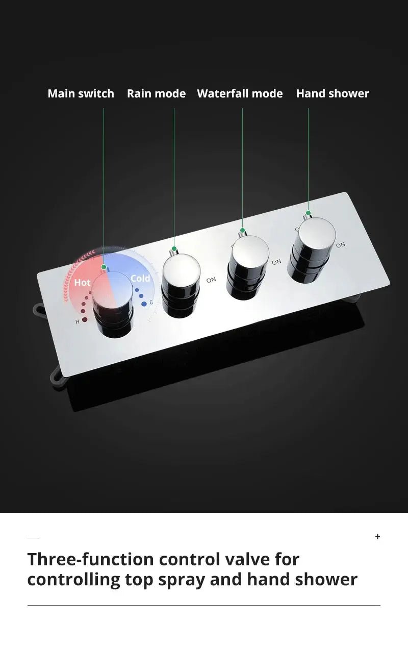 LED Thermostatic Shower System | Modern Rainfall & Waterfall Shower Set - bathroom, showers, thermostaticBathroomLux