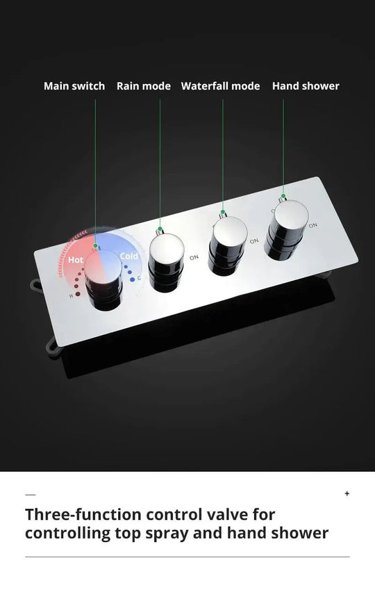 LED Thermostatic Shower System | Modern Rainfall & Waterfall Shower Set - bathroom, showers, thermostaticBathroomLux