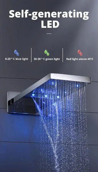 LED Thermostatic Shower System | Modern Rainfall & Waterfall Shower Set - bathroom, showers, thermostaticBathroomLux