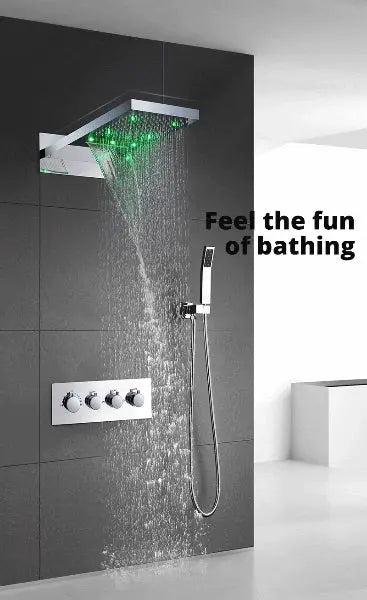 LED Thermostatic Shower System | Modern Rainfall & Waterfall Shower Set - bathroom, showers, thermostaticBathroomLux