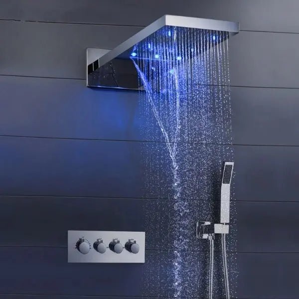 LED Thermostatic Shower System | Modern Rainfall & Waterfall Shower Set - bathroom, showers, thermostaticBathroomLux