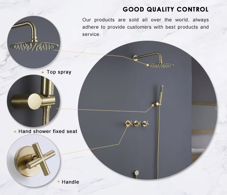 Luxury Concealed Brushed Gold Three - Handle Rain Shower System - 5 Years Warranty - conceal showerBathroomLux